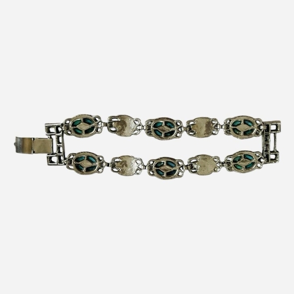 7.5" Vintage Double Layered Turquoise Silver Tone Panel Link Cuff Bracelet - Picture 6 of 6